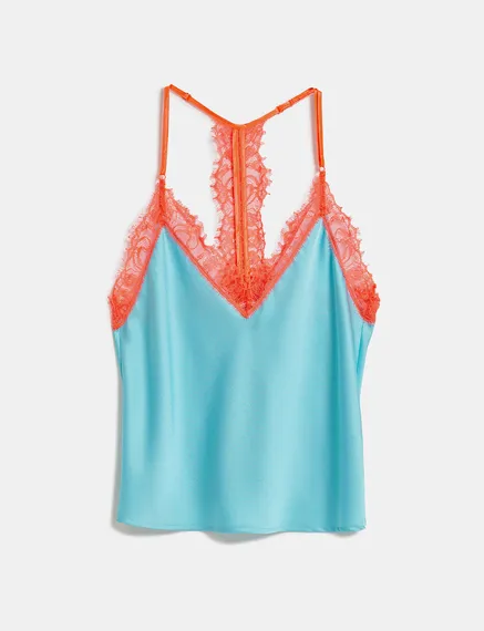 Blue camisole with neon orange lace trimmings