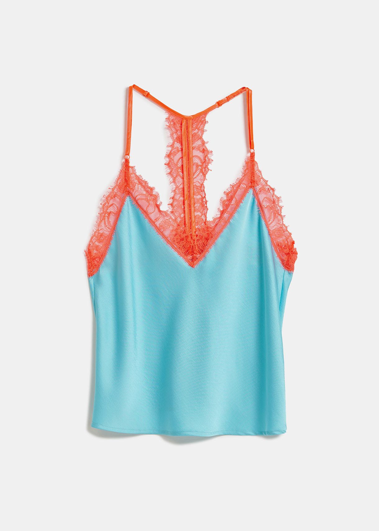 Blue camisole with neon orange lace trimmings