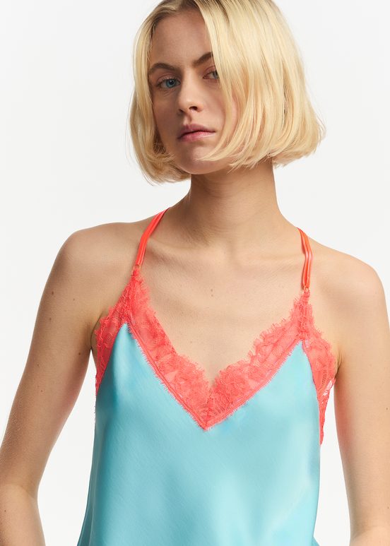 Blue camisole with neon orange lace trimmings