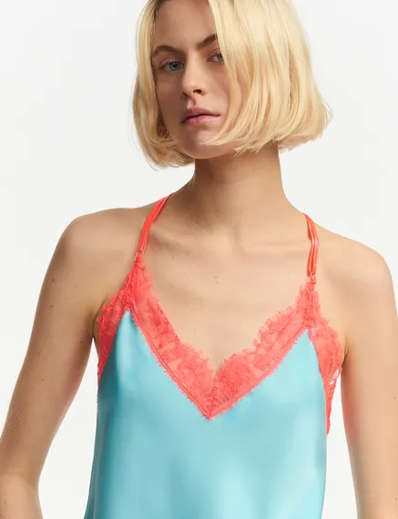 Blue camisole with neon orange lace trimmings