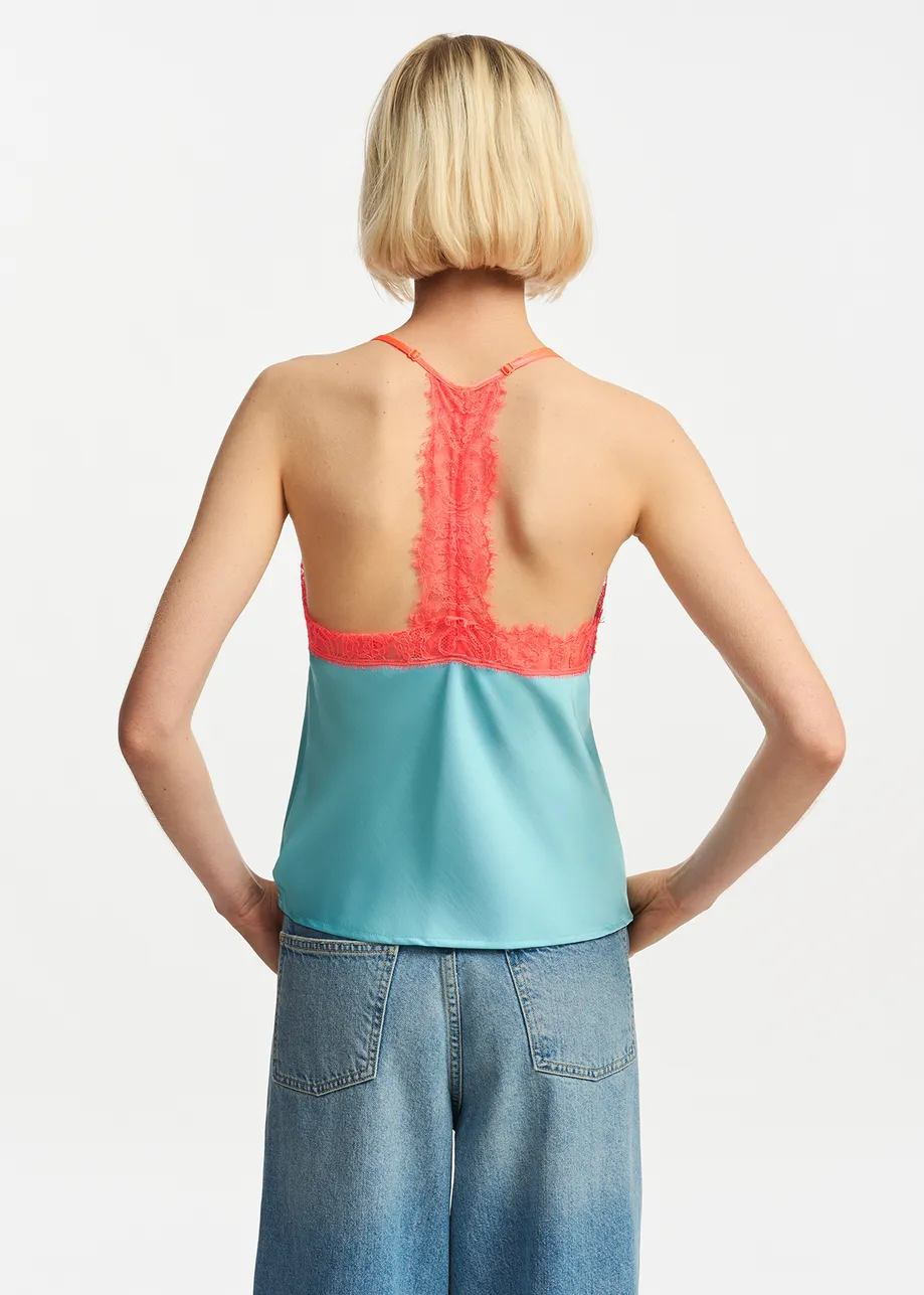 Blue camisole with neon orange lace trimmings