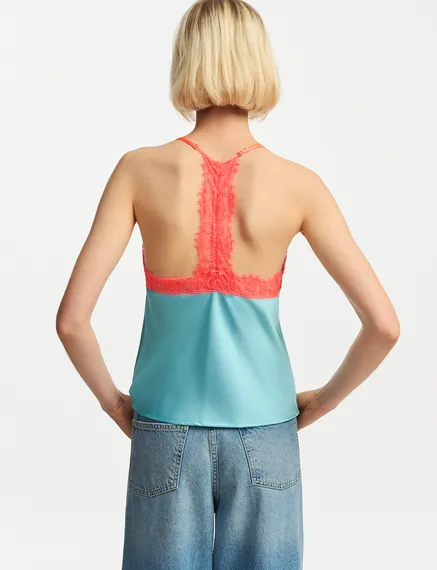 Blue camisole with neon orange lace trimmings