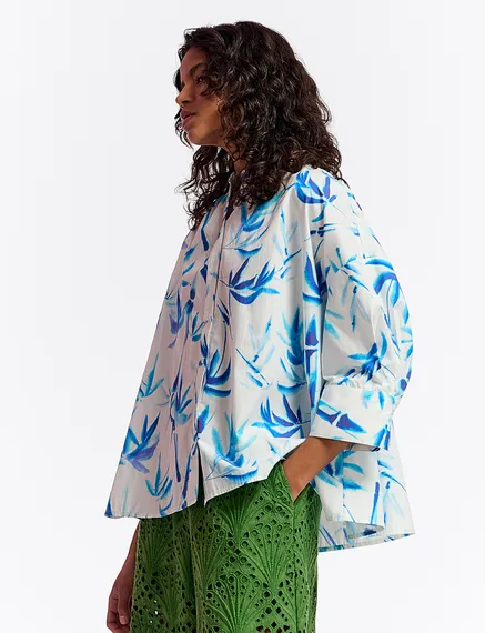 Cremefarbenes Oversized-Baumwollhemd mit Palmenblatt-Print