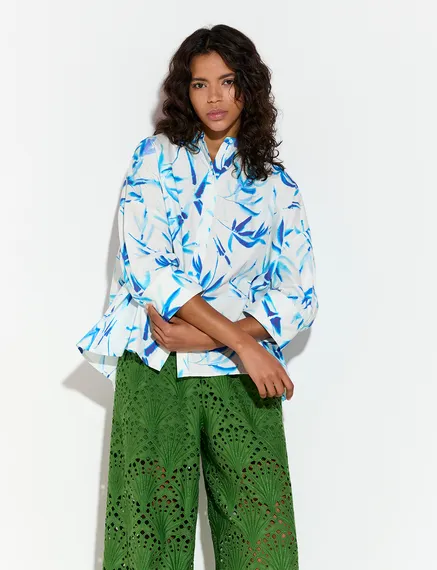 Cremefarbenes Oversized-Baumwollhemd mit Palmenblatt-Print