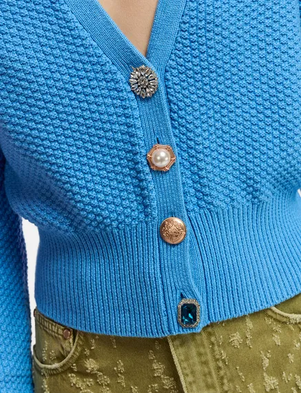 Blauer, verzierter Cardigan mit V-Ausschnitt