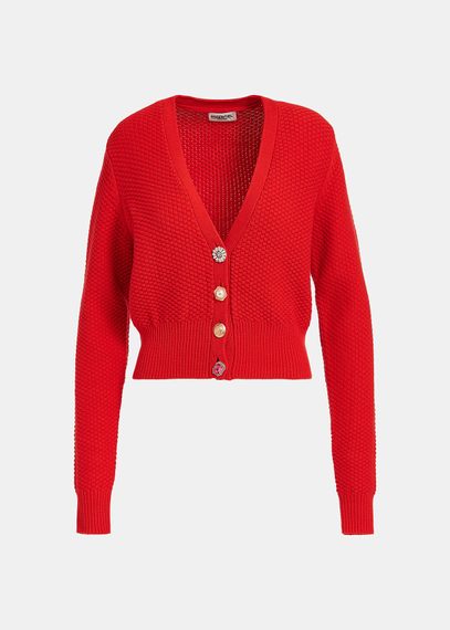 Roter, verzierter Cardigan mit V-Ausschnitt