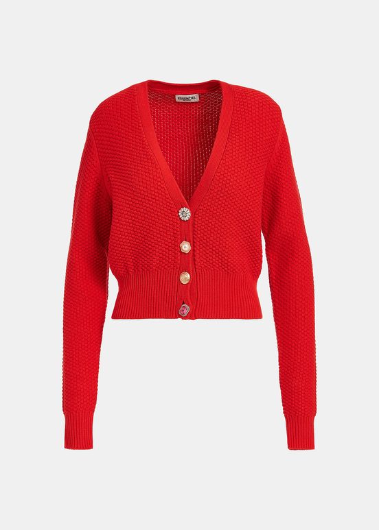 Red embellished V-neck cardigan