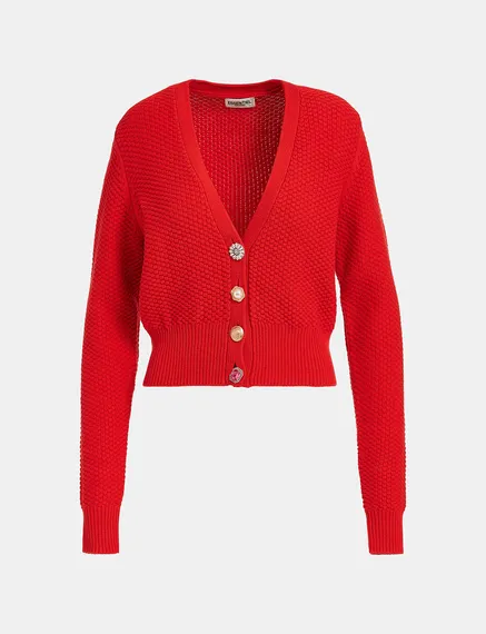 Red embellished V-neck cardigan