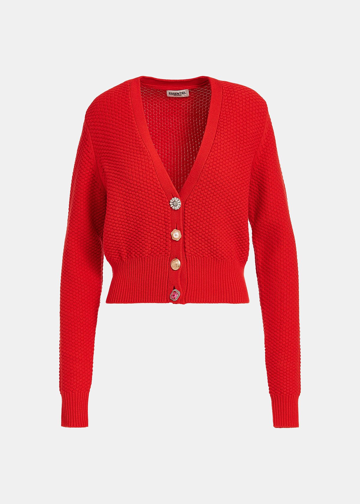 Red embellished V-neck cardigan