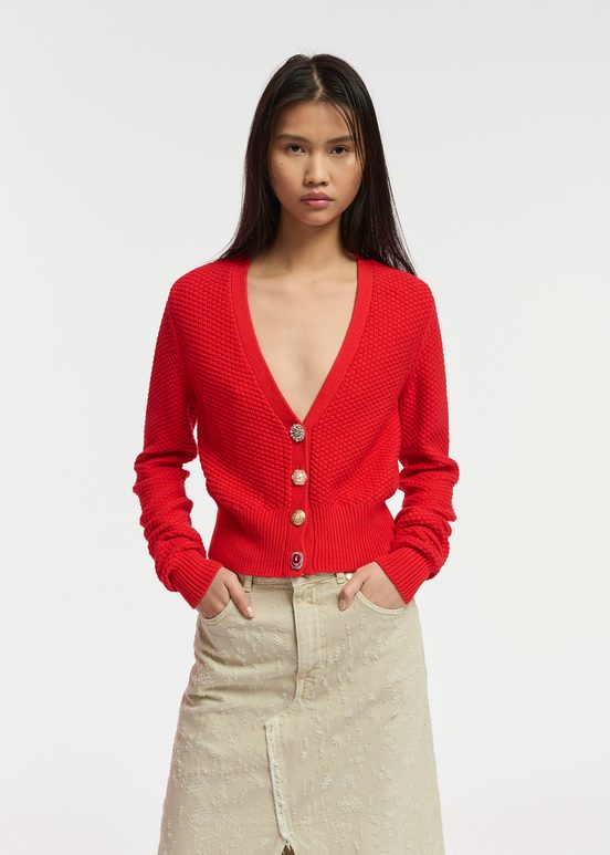 Red embellished V-neck cardigan