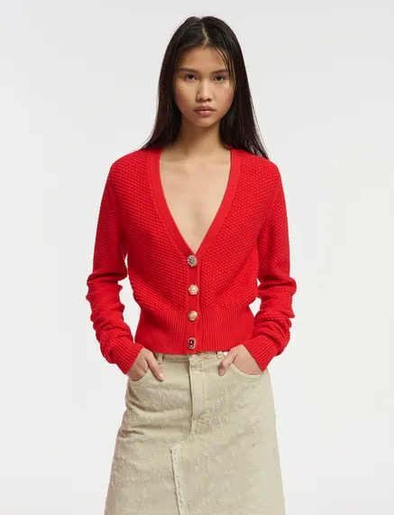 Red embellished V-neck cardigan