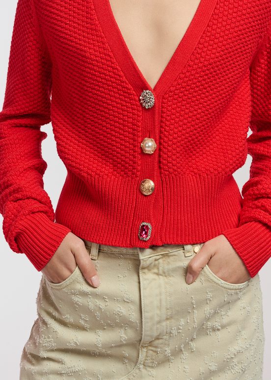 Red embellished V-neck cardigan