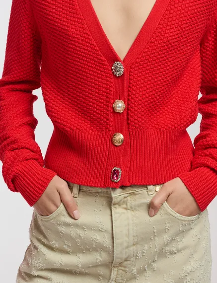 Red embellished V-neck cardigan