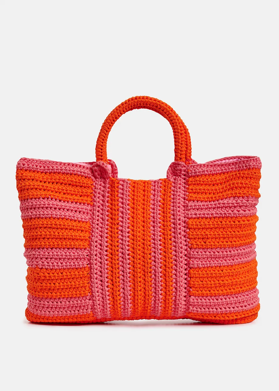 Vintage pink and orange crochet-knitted shopper bag