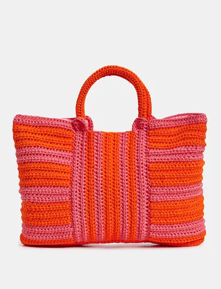 Cabas tricoté au crochet vieux rose et orange