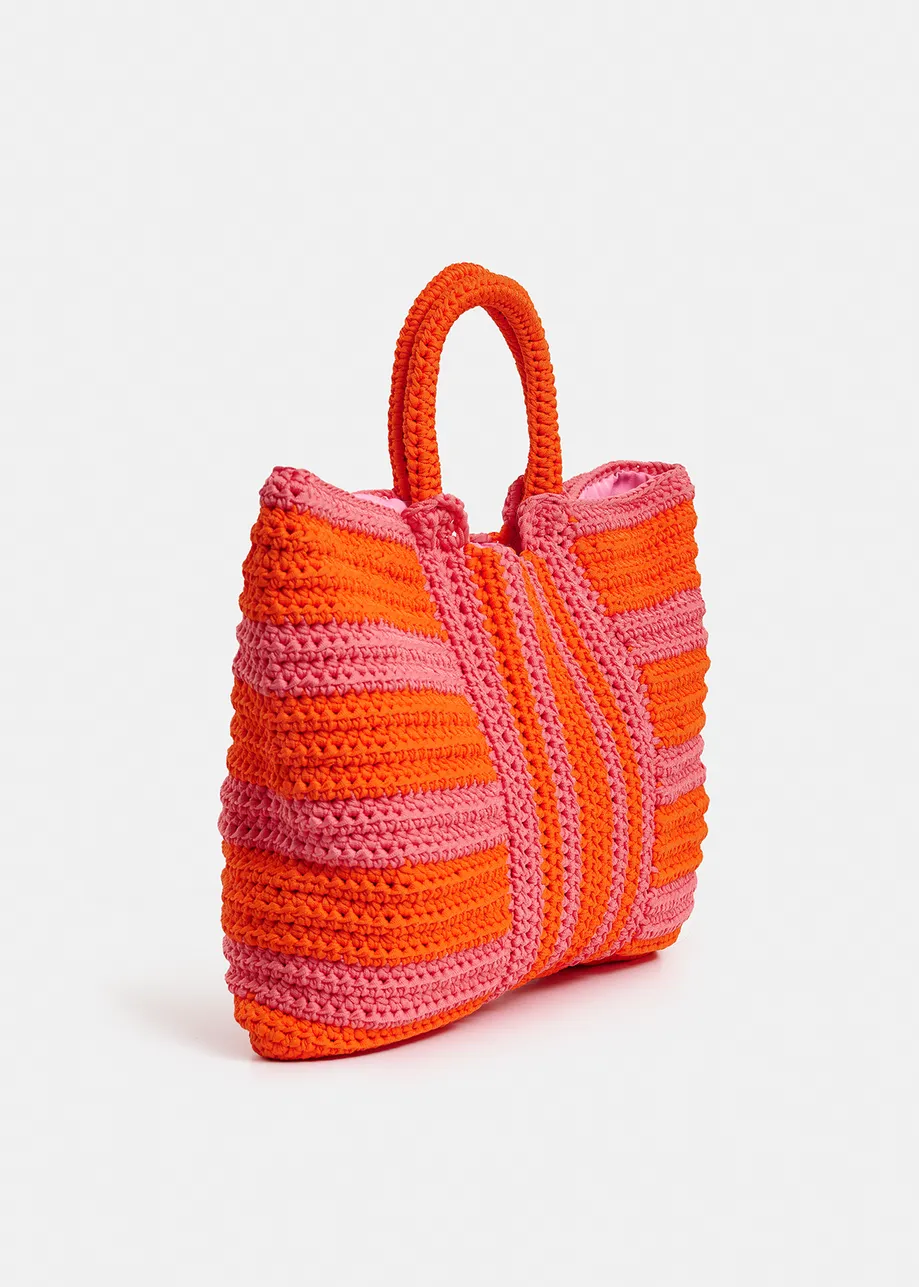 Vintage pink and orange crochet-knitted shopper bag