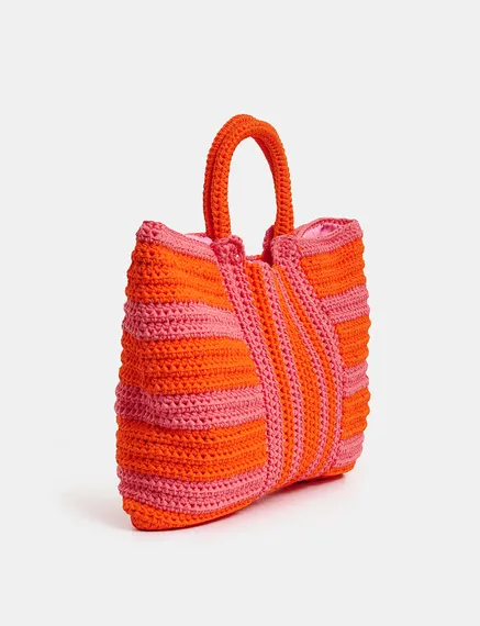 Cabas tricoté au crochet vieux rose et orange