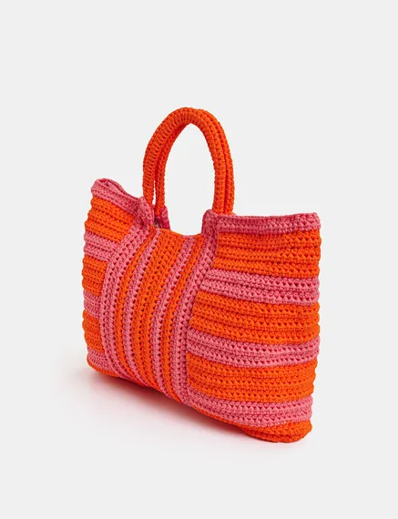 Cabas tricoté au crochet vieux rose et orange