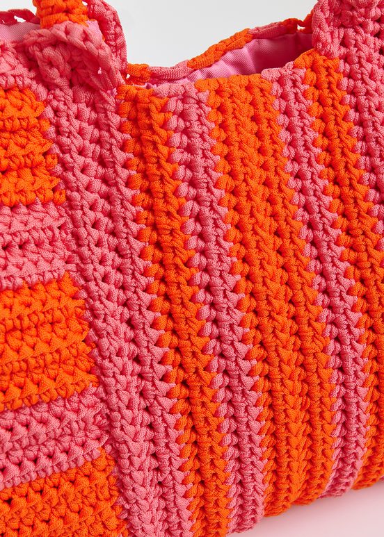 Cabas tricoté au crochet vieux rose et orange