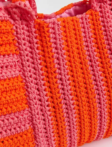 Cabas tricoté au crochet vieux rose et orange