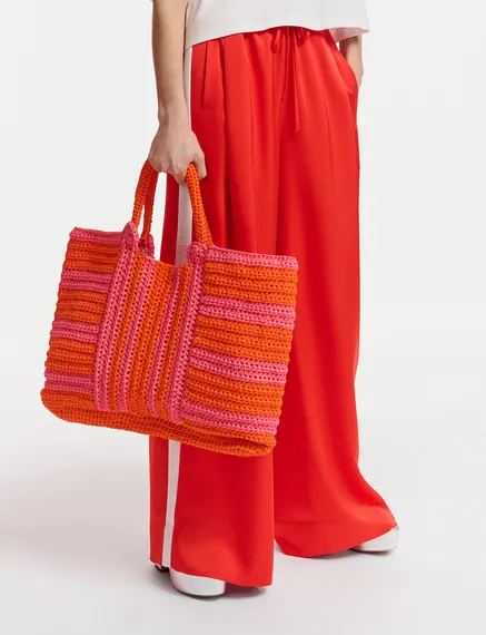 Vintage pink and orange crochet-knitted shopper bag