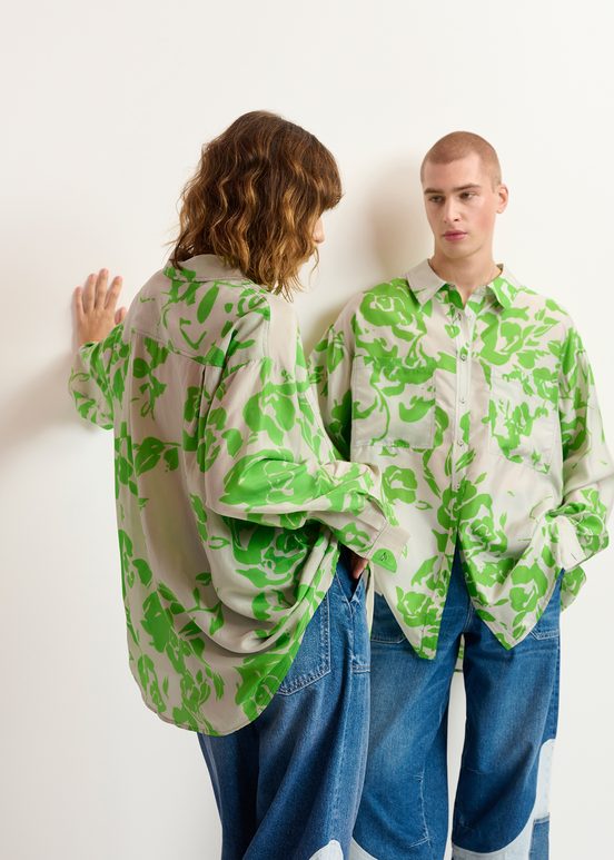 Grey and green silk shirt with floral print