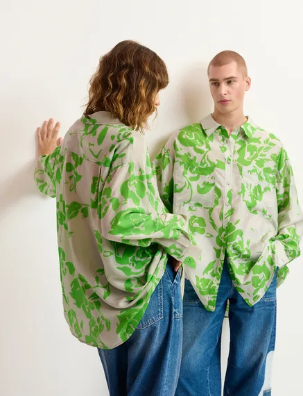 Grey and green silk shirt with floral print