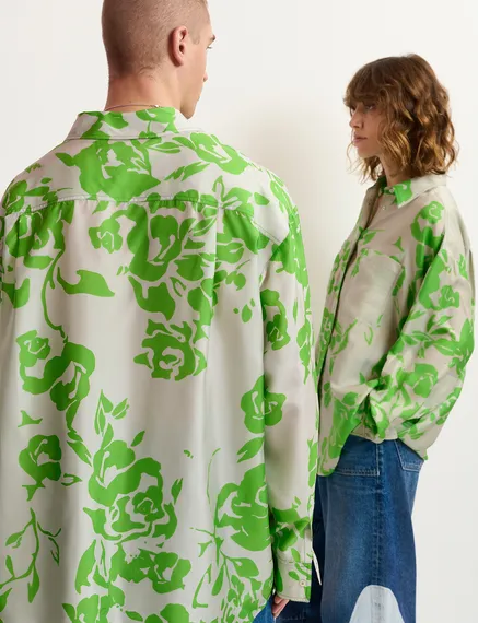 Grijs en groen zijden hemd met bloemenprint