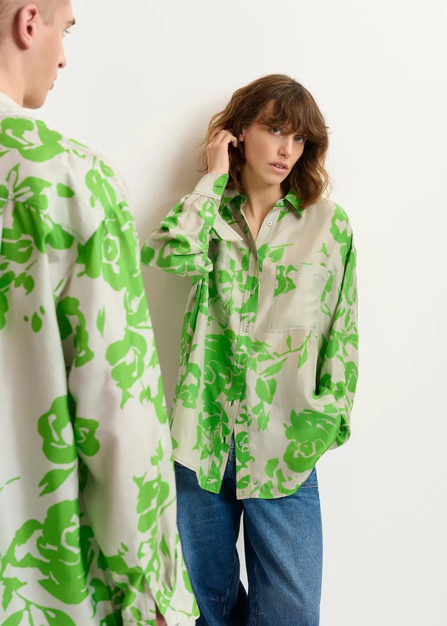 Grey and green silk shirt with floral print