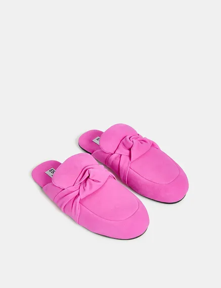 Pink knot-detailed suede leather slippers