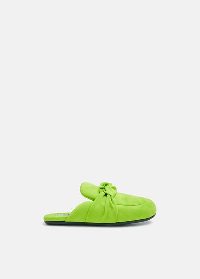 Green knot-detailed faux suede leather slippers