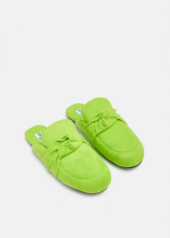 Green knot-detailed faux suede leather slippers