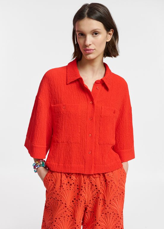 Red seersucker cropped shirt