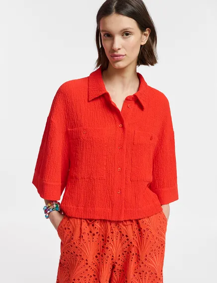 Red seersucker cropped shirt