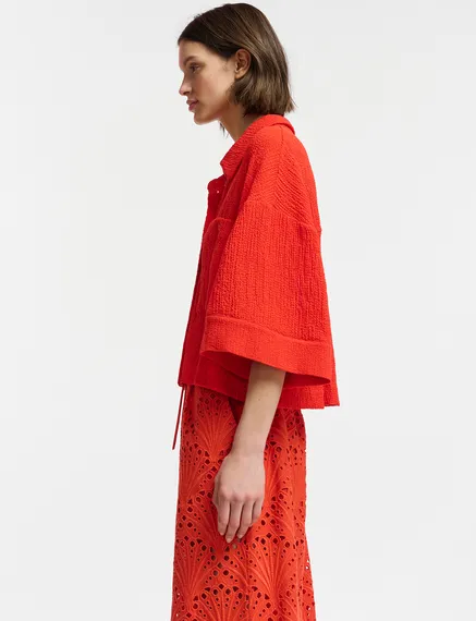 Red seersucker cropped shirt