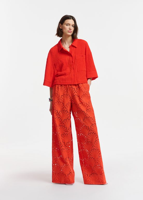 Red seersucker cropped shirt