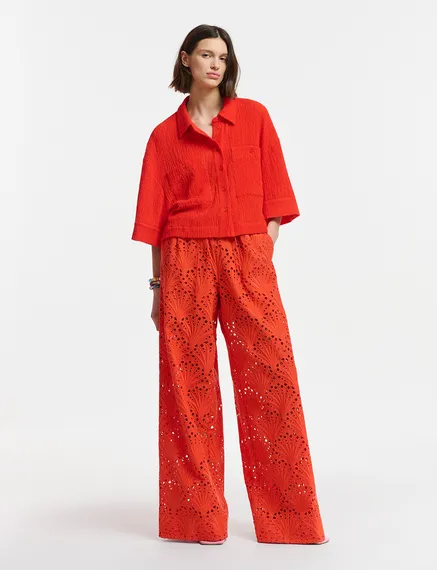 Red seersucker cropped shirt