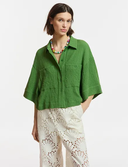 Chemise courte en cloqué vert foncé