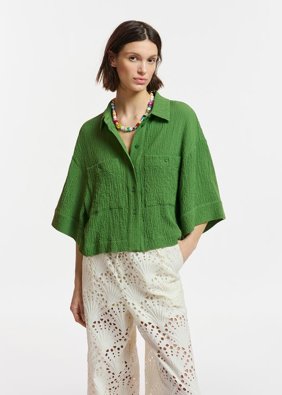 Chemise courte en cloqué vert foncé