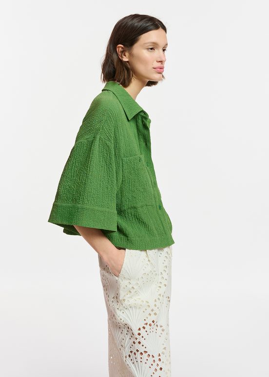 Chemise courte en cloqué vert foncé