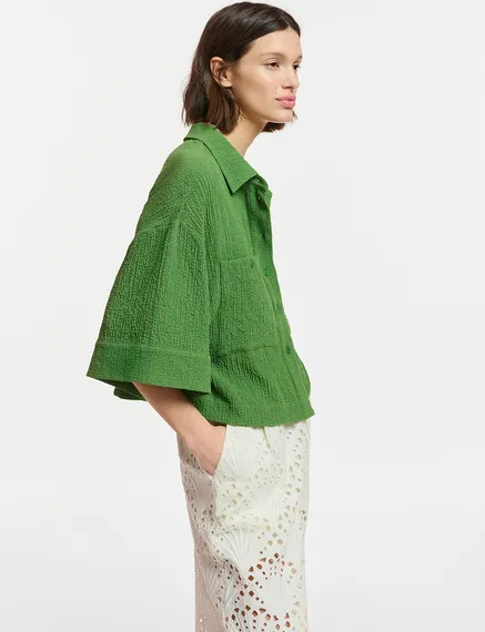 Chemise courte en cloqué vert foncé