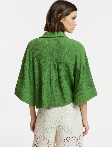 Chemise courte en cloqué vert foncé