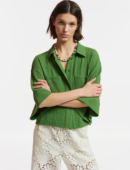 Chemise courte en cloqué vert foncé