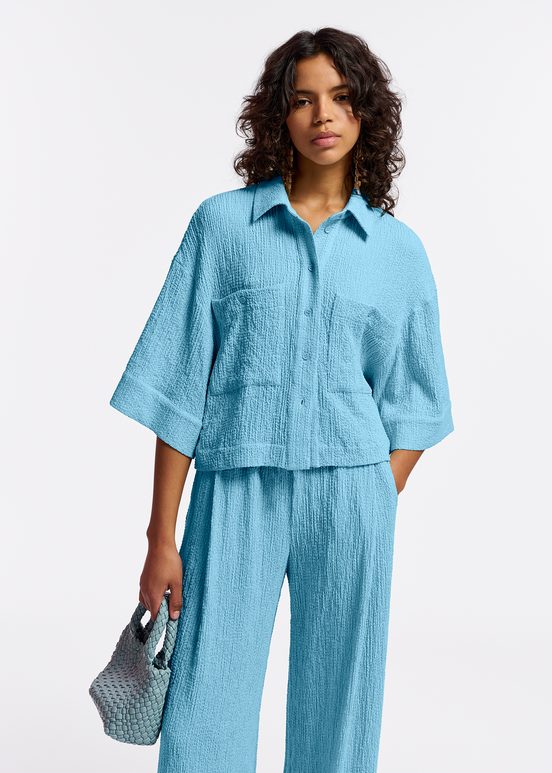 Light blue seersucker cropped shirt