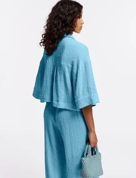 Chemise courte en cloqué bleu clair