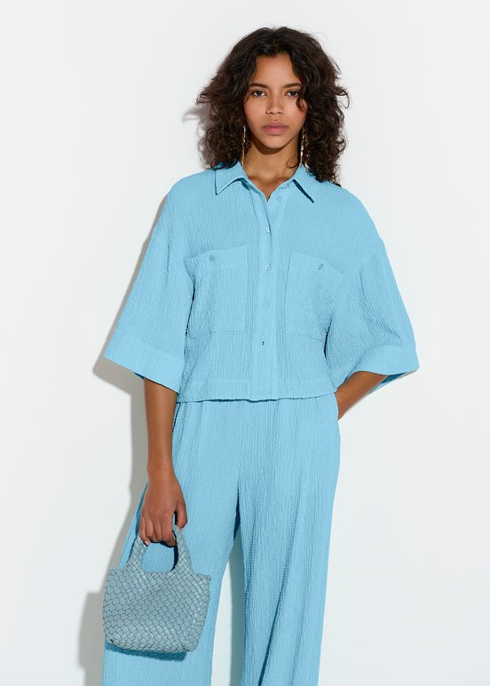 Light blue seersucker cropped shirt