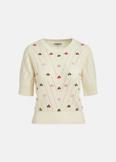 Ecru pointelle-knitted sweater with embroideries