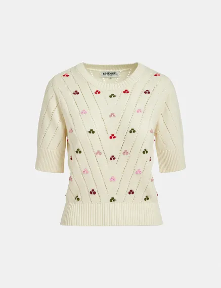 Ecru pointelle-knitted sweater with embroideries