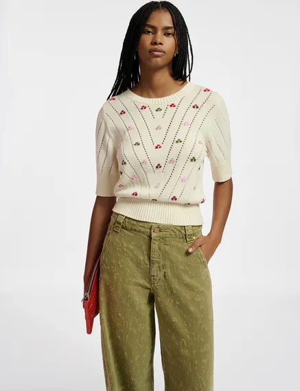 Ecru pointelle-knitted sweater with embroideries