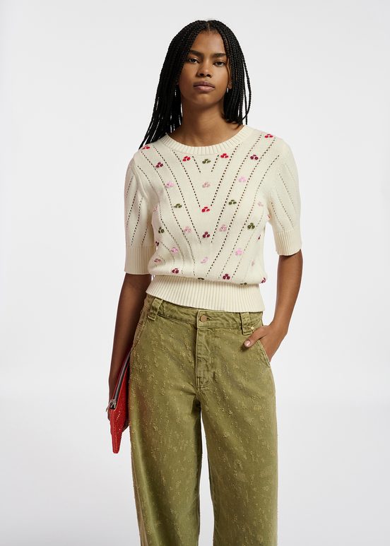 Ecru pointelle-knitted sweater with embroideries